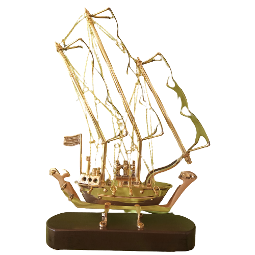 skucode-1865 Brass Vintage Ship With Wooden Base-13" - Image 1