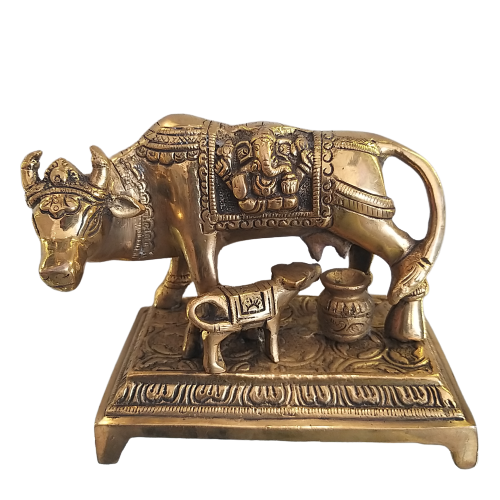 brass-Kamadhenu-statue-home-decors-vastu-items-gifts-buy-online-god-idols-India (6) Brass Kamdhenu with calf Statue- 5" - Image 1