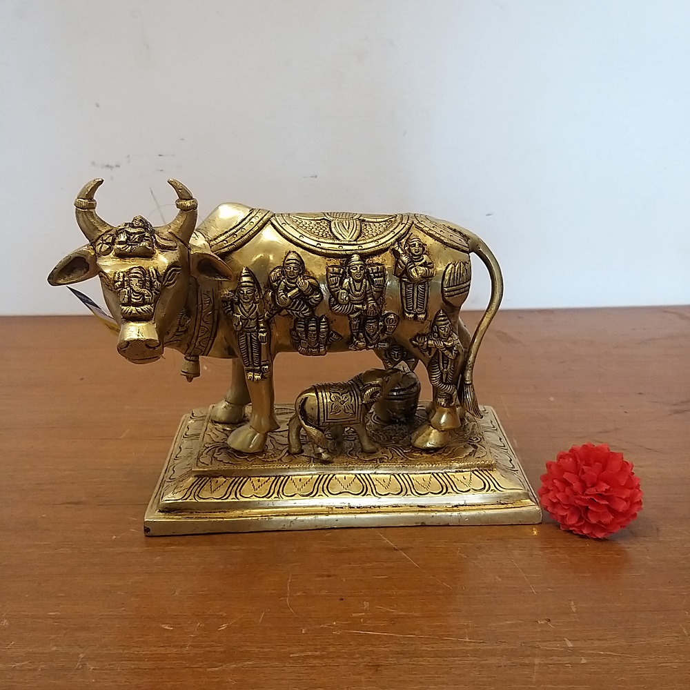 brass-cow-and-calf-with-multi-god-idol-home-decor-pooja-items-hindu-god-gift-buy-online-india Brass Kamadhenu Statue- 6.5" - Image 1