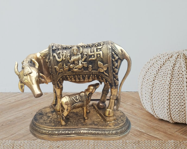 Brass Decorative Kamadhenu and Calf Statue