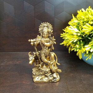 Brass Krishna With Cow and Peacock