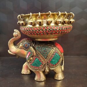 Brass Elephant Urli With Stone Finish Statue