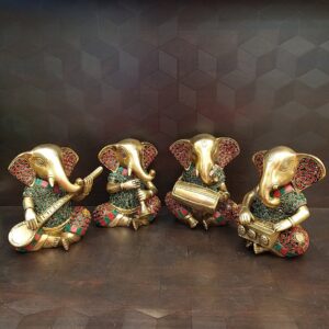 Brass Ganesha Musical Set With Stone Finish