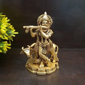 Small Krishna and Cow Brass Statue for Home Decor