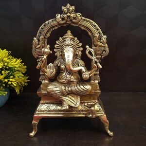 Brass Ganesha Sitting on Chowki with Arch