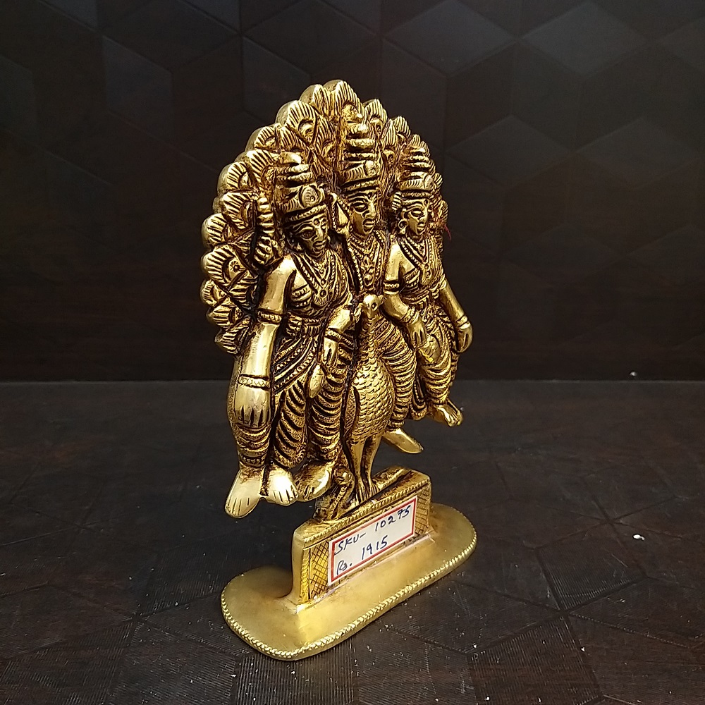 Brass Murugan Sitting On Peacock With Valli and Deivanai Antique Finish Idol- 6" - Image 2