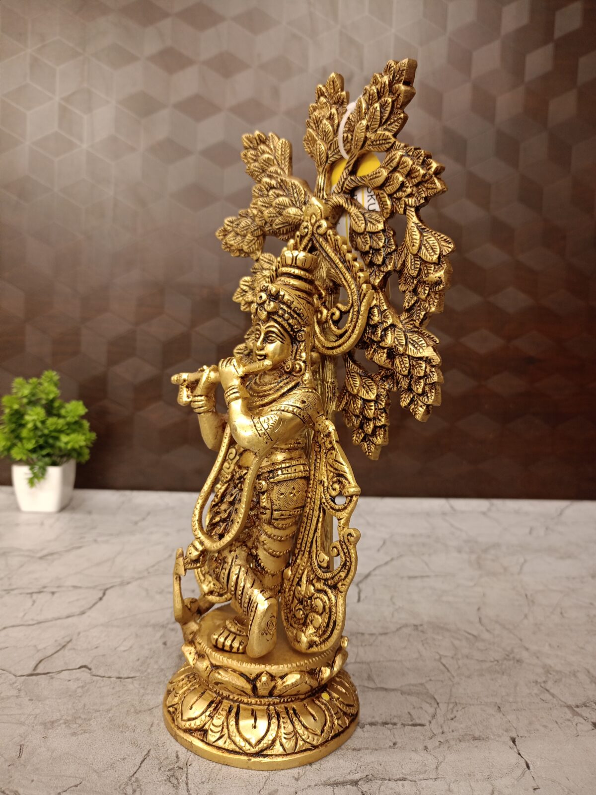 Brass Tree Krishna Idol Decorative Showpiece- 12" - Image 4