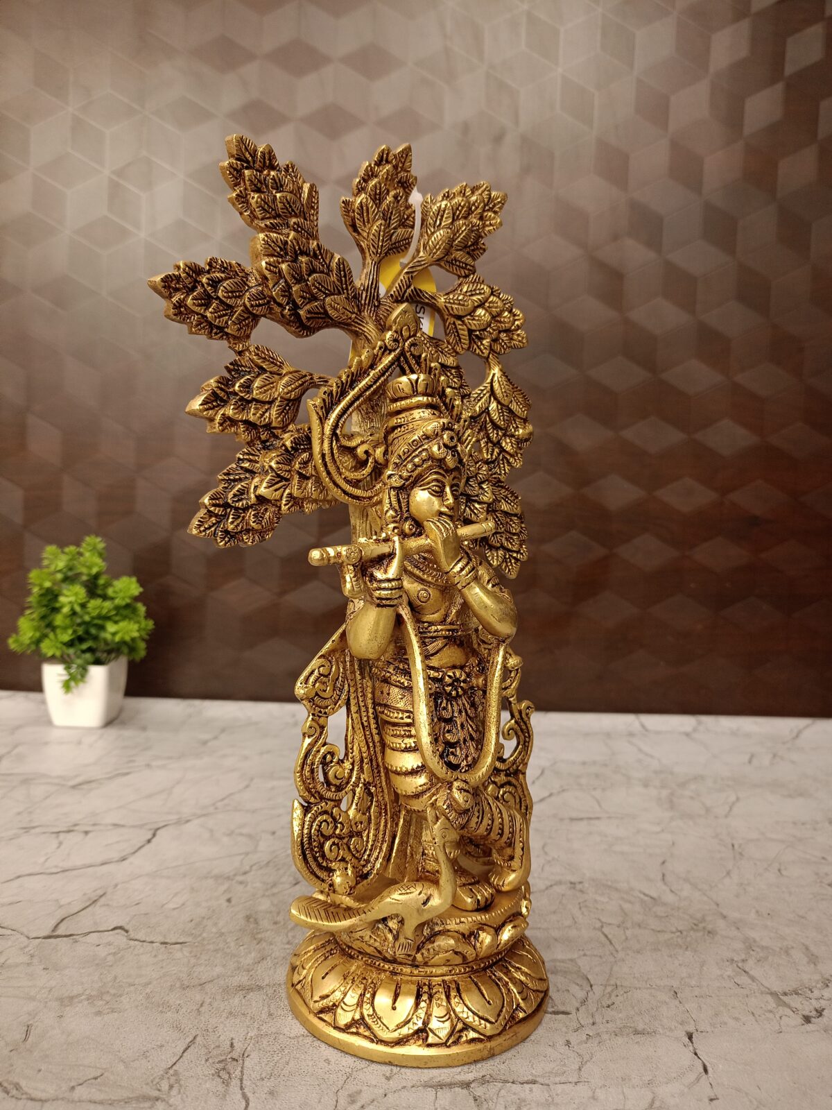 Brass Tree Krishna Idol Decorative Showpiece- 12" - Image 3
