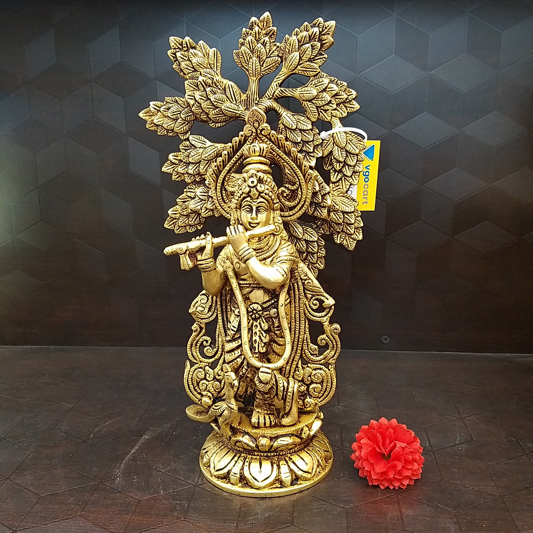 brass-tree-krishna-idol-big-home-decor-pooja-items-hindu-god-statues-gift-buy-online-india Brass Cow Krishna Under Tree- 12" - Image 1