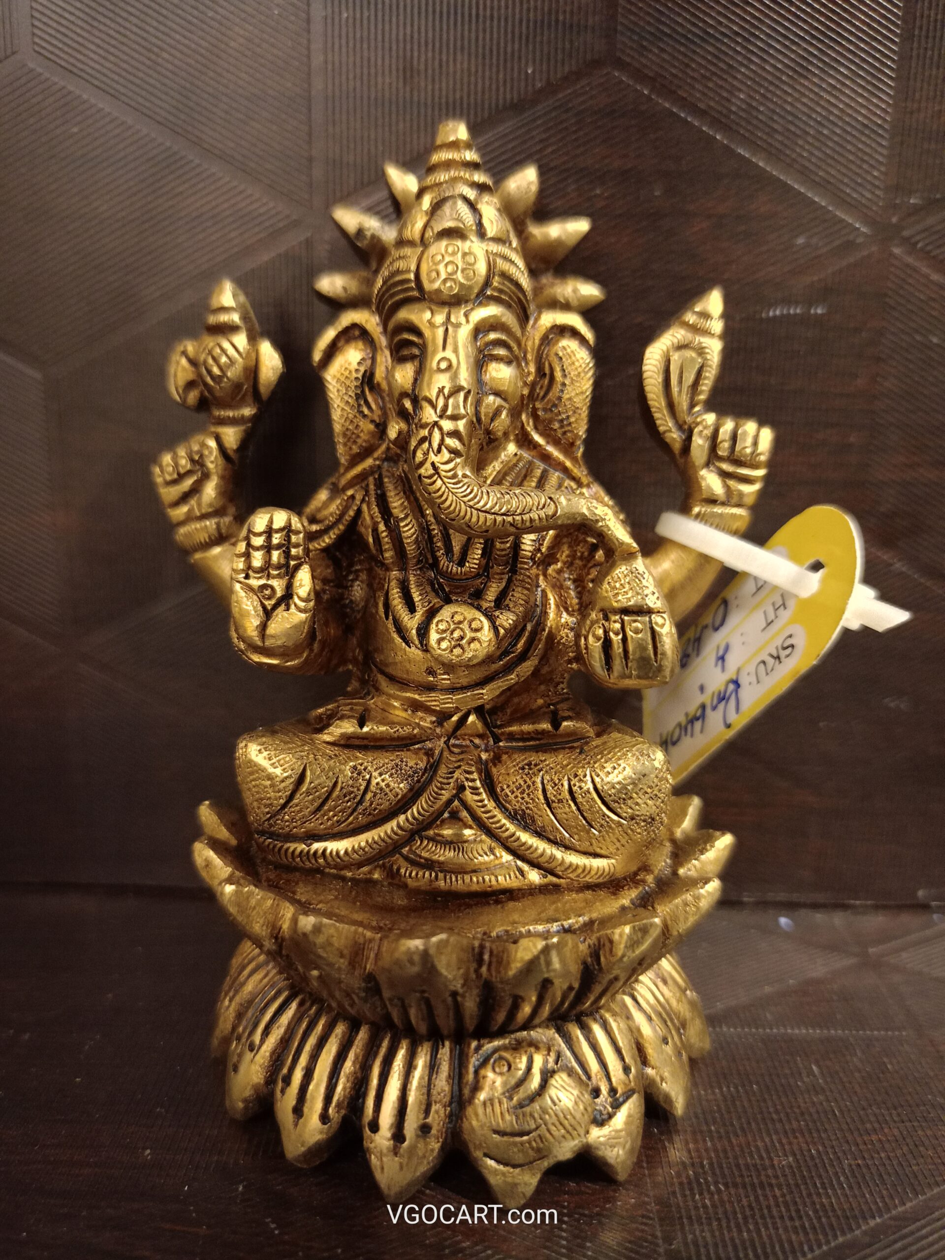 oplus_32 Brass Lord Ganesha Sitting On Lotus Base | Ganesha Murti Statue For Home 4'' Inches - Image 1