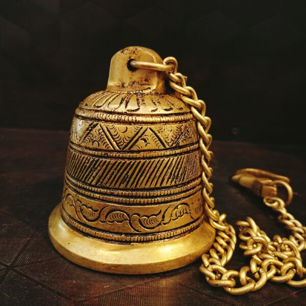 Brass Well Designed Hanging Bell | Designer Brass Hanging Bell With Chain 22''