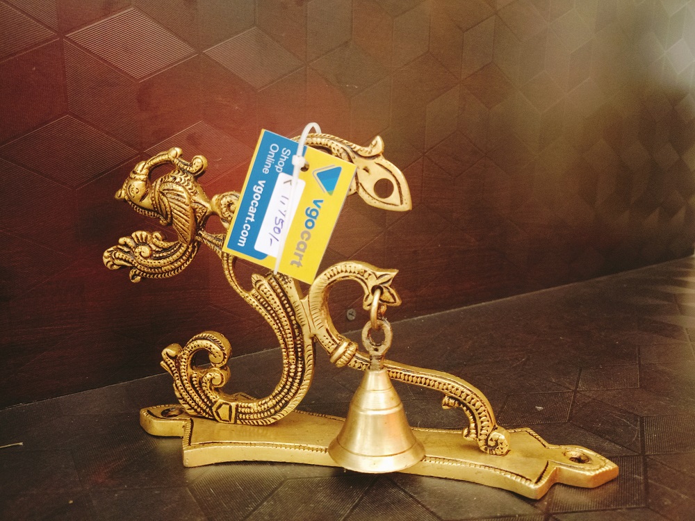 brass-bracket-withbell-home-decor--BA113100 Brass Wall Mount Bracket With Bell | Wall Hanging Bracket With Peacock 6'' - Image 1