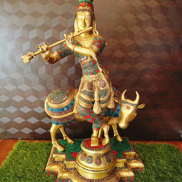 Brass Krishna with Cow