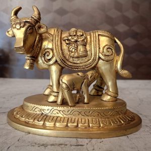 Brass Cow And Calf With Radha Krishna Idol 4″