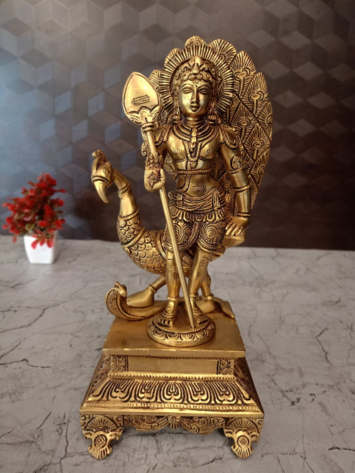 Brass Murugan With Peacoke Statue / Pure & Antique 12″