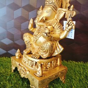 Brass Ganesha Sitting On Stool / Pure & Antique