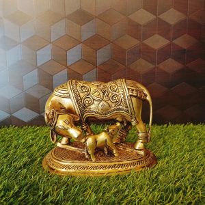 Brass Cow And Calf With Swastik Design Statue 5″