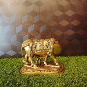 Brass Cow And Calf With Swastik Design Statue 5″