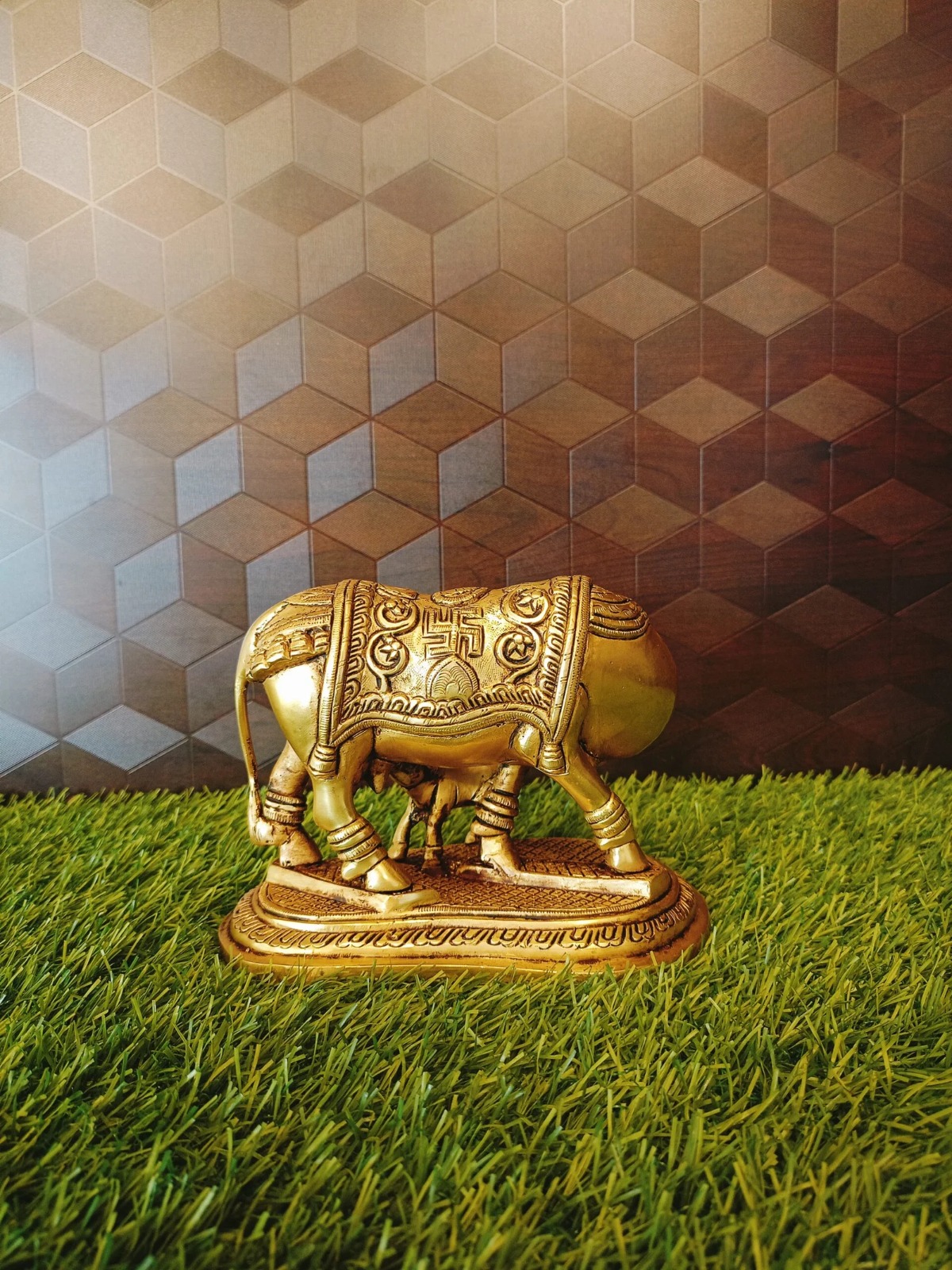 Brass Cow And Calf With Swastik Design Statue 5″