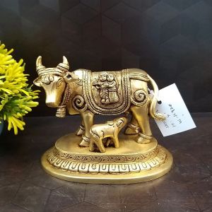 Brass Cow And Calf With Radha Krishna Idol 4″