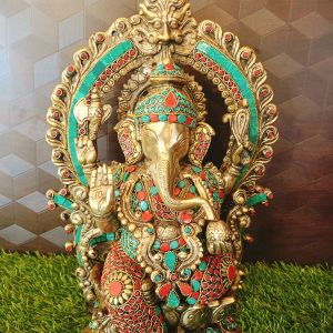 Brass Big Ston Ganesha Idol 15″ / Pure & Antique