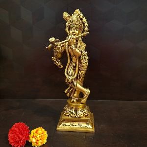 Brass Krishna With Floral Base  Statue 10″ / Pure & Antique