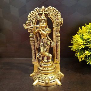 Brass Krishna With Arch Standing On Tortoise Idol 9″