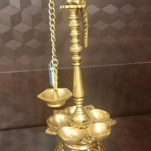 Brass Five Face Diya With Parrot Idol / Pure & Antique