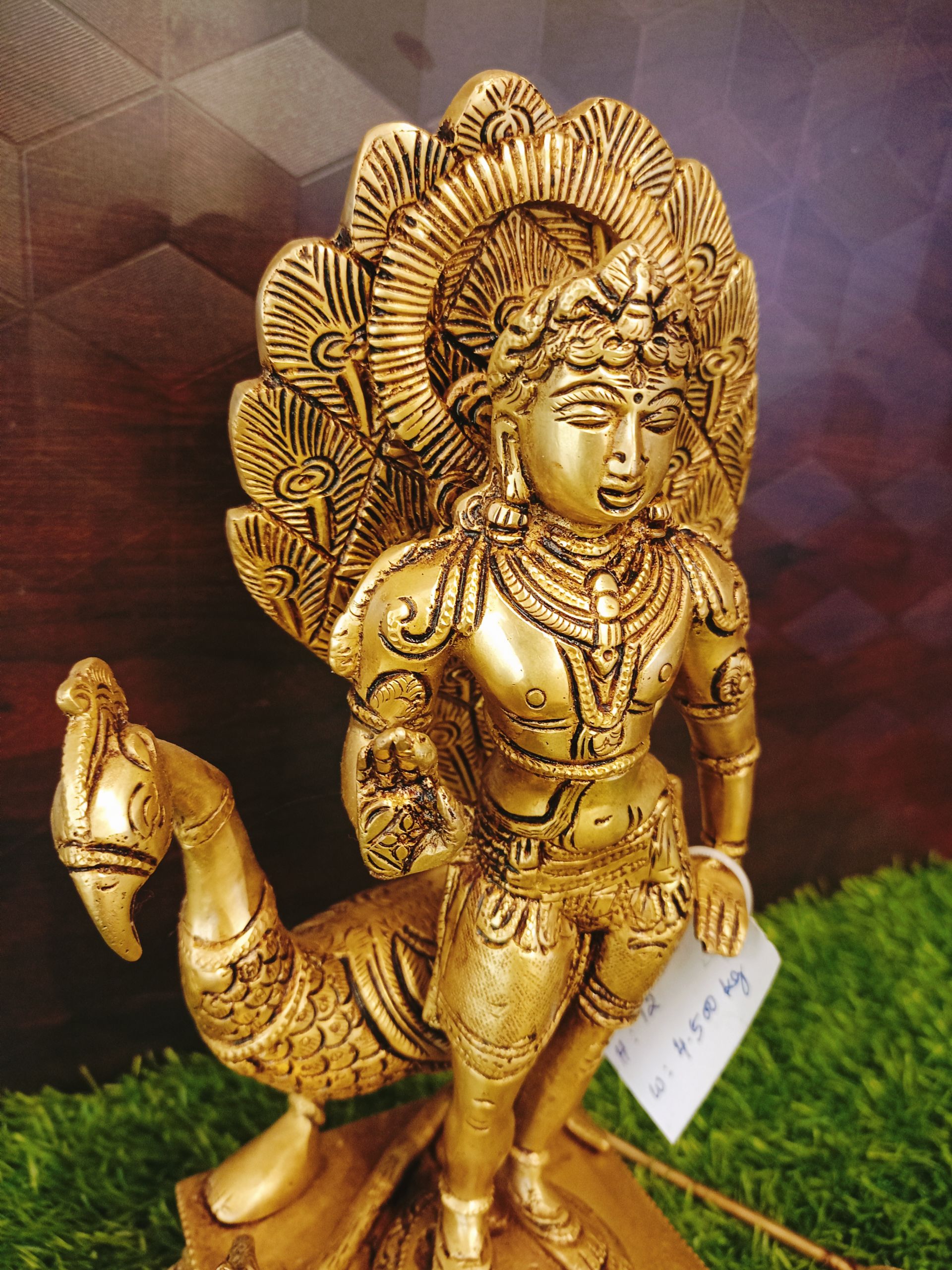 Brass Murugan With Peacoke Statue / Pure & Antique