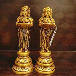 Brass Pavai Diya Pair / Pure & Antique 8″