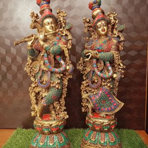 Brass Radha Krishna Big Stone Idol / Pure & Antique