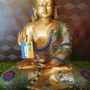 Brass Multicolor Stone Buddha 16″ / Pure & Antique