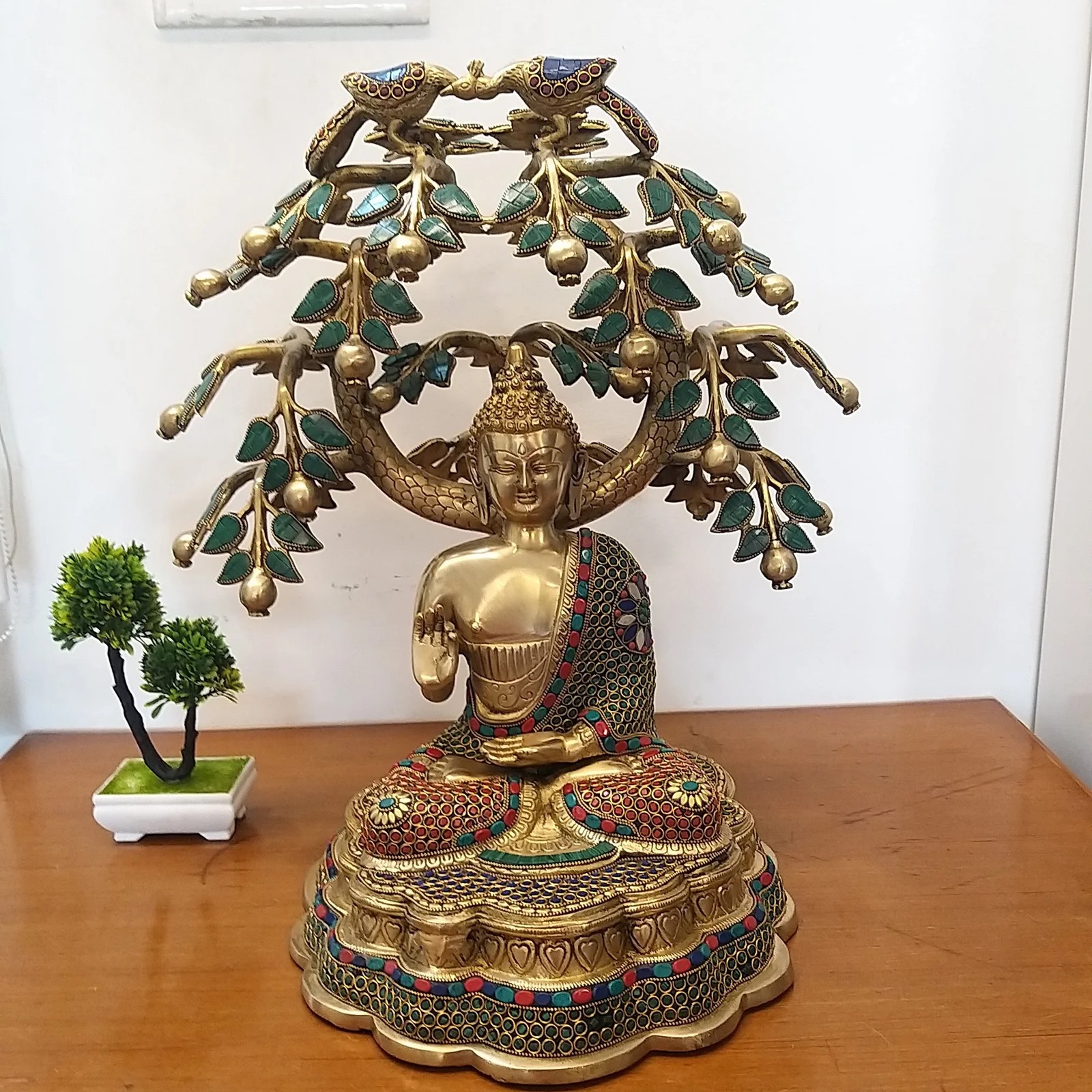 Brass Stone Work Tree Buddha Statue 22″ / Pure & Antique