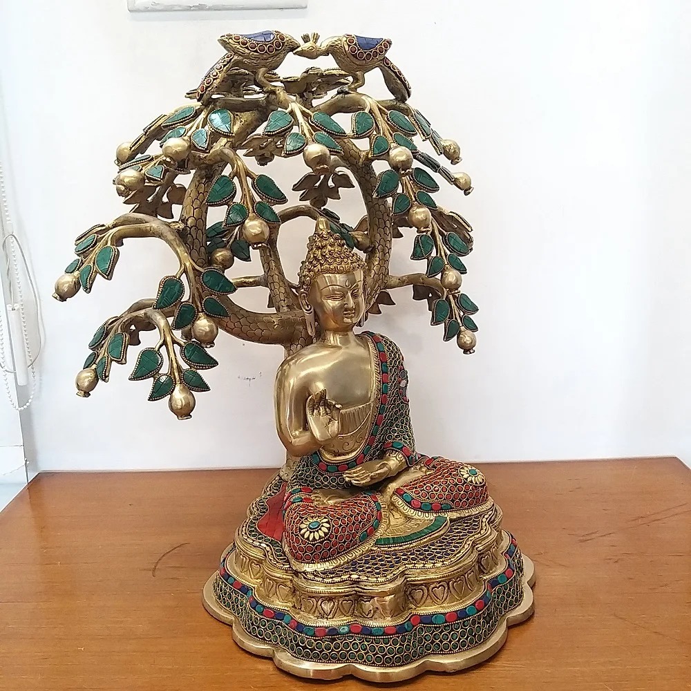 Brass Stone Work Tree Buddha Statue 22″ / Pure & Antique