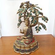 Brass Stone Work Tree Buddha Statue 22″ / Pure & Antique