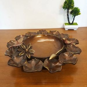 Pure Brass Uruli With Flower Base Brown Color / Pure & Antique