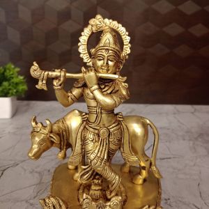 Brass Krishna With Cow Idol 8″ , Pure & Antique