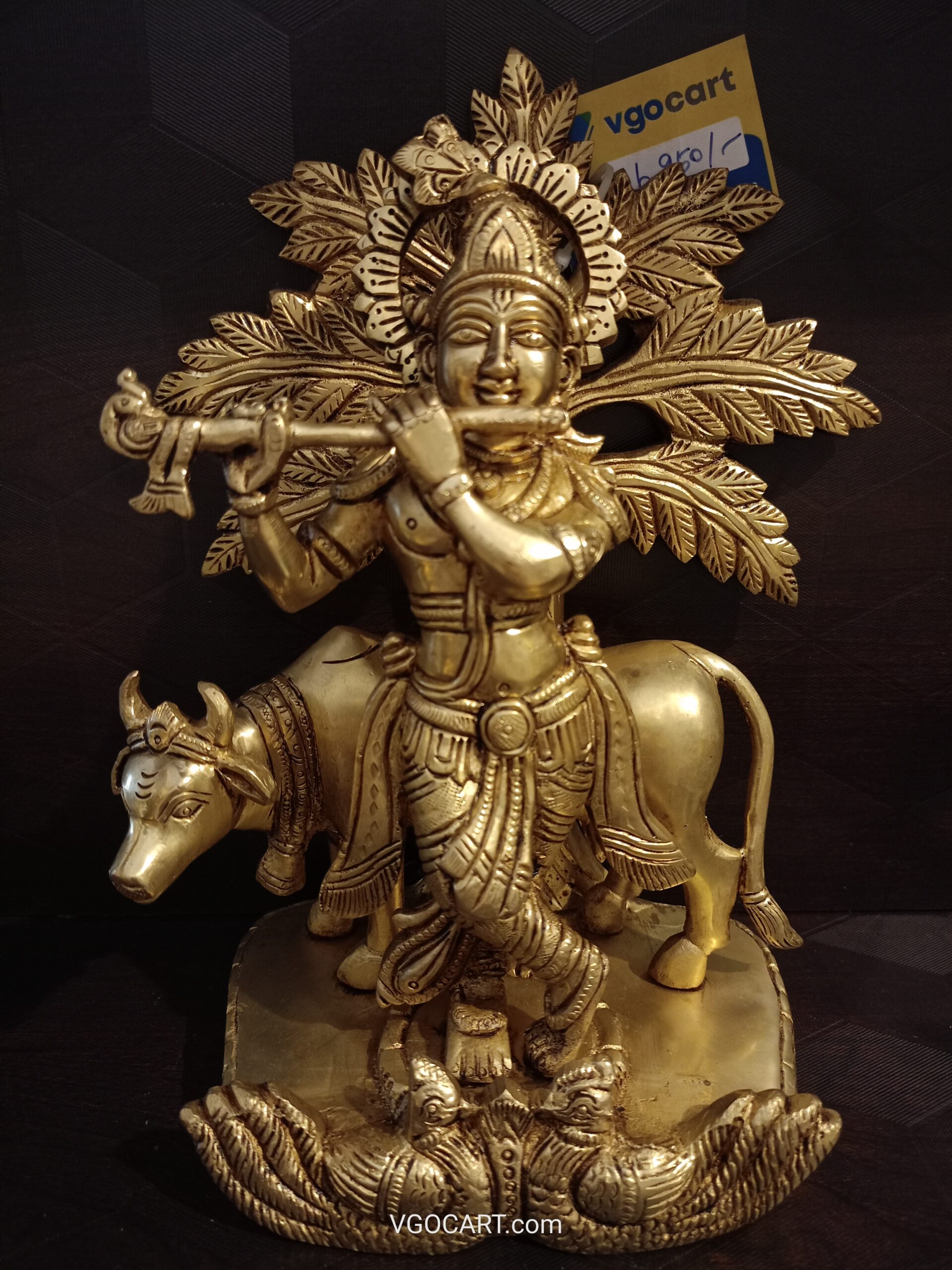 Brass Cow Krishna Tree Idol 9" 1 Brass Cow Krishna Tree Idol 9" - Image 1