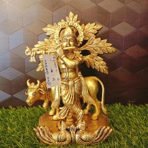 Brass Cow Krishna Tree Statue 9″ , Pure & Antique