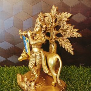 Brass Cow Krishna Tree Statue 9″ , Pure & Antique