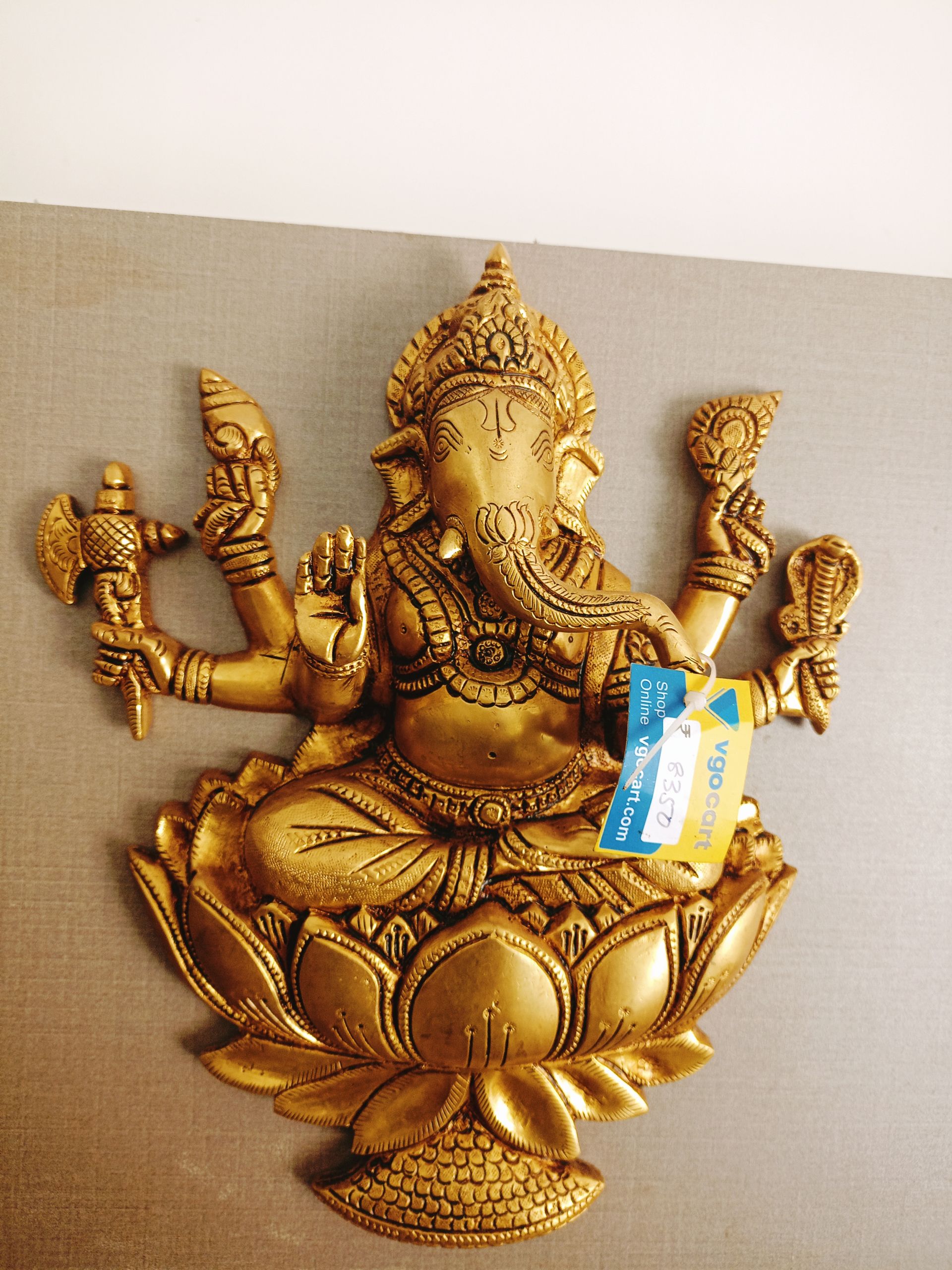 Brass Ganesha Wall Hanging With Lotus Base 12″ , Pure & Antique