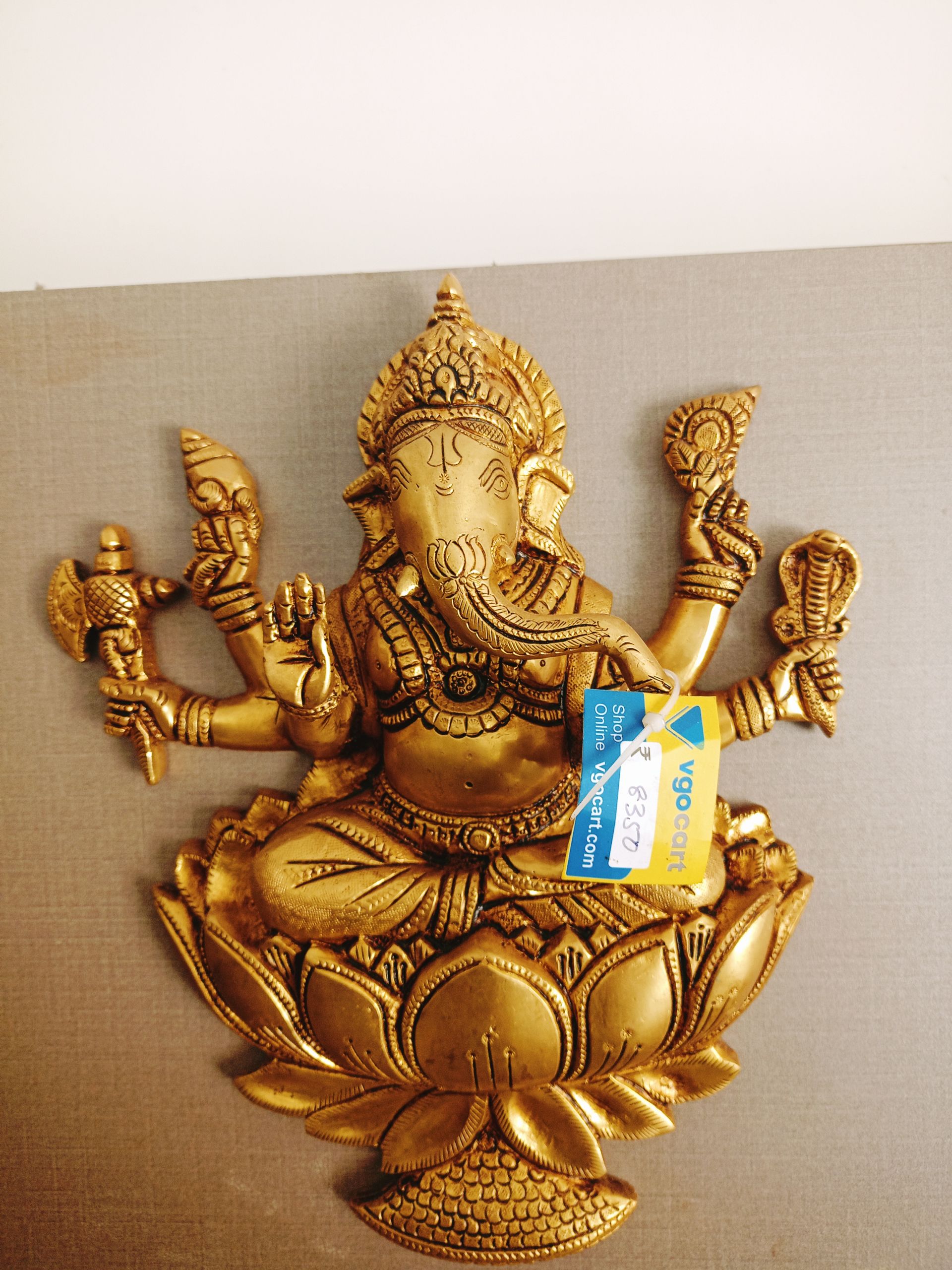 Brass Ganesha Wall Hanging With Lotus Base 12″ , Pure & Antique