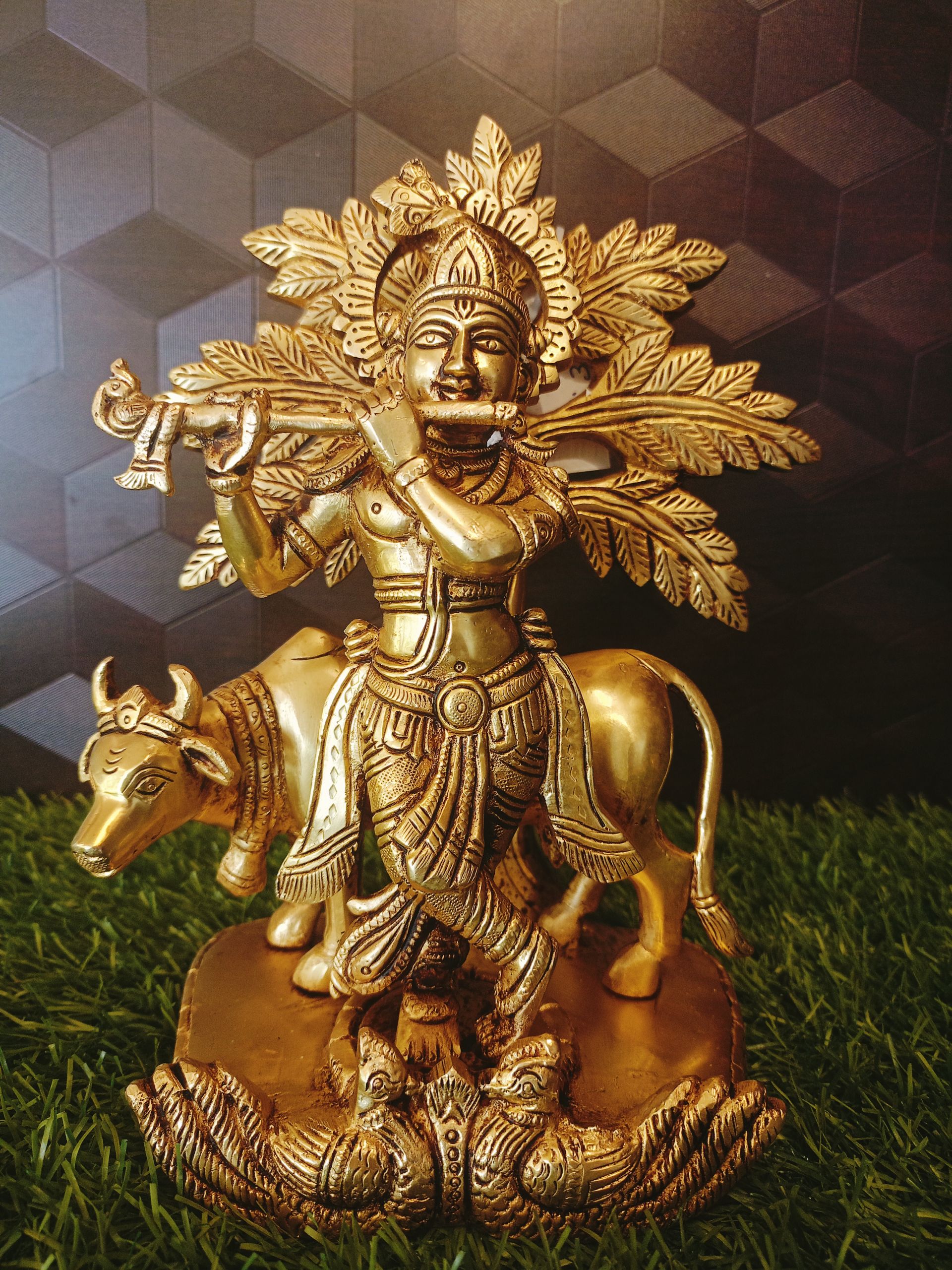 Brass Cow Krishana With Tree Idol , Pure & Antique 9″