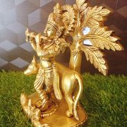 Brass Cow Krishana With Tree Idol , Pure & Antique 9″