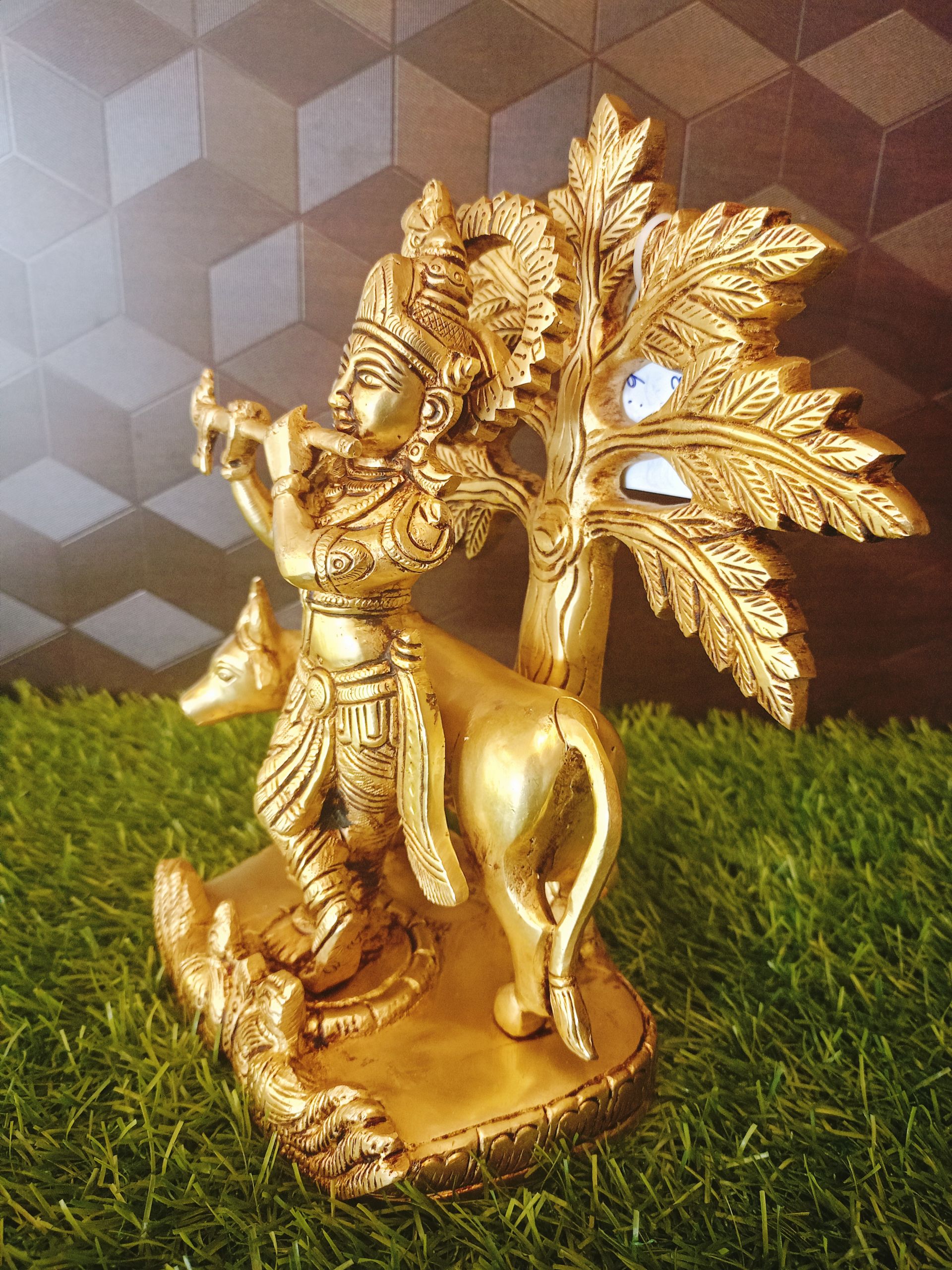 Brass Cow Krishana With Tree Idol , Pure & Antique 9″