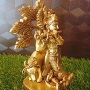 Brass Cow Krishana With Tree Idol , Pure & Antique 9″