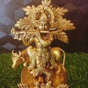 Brass Cow Krishana With Tree Idol , Pure & Antique 9″