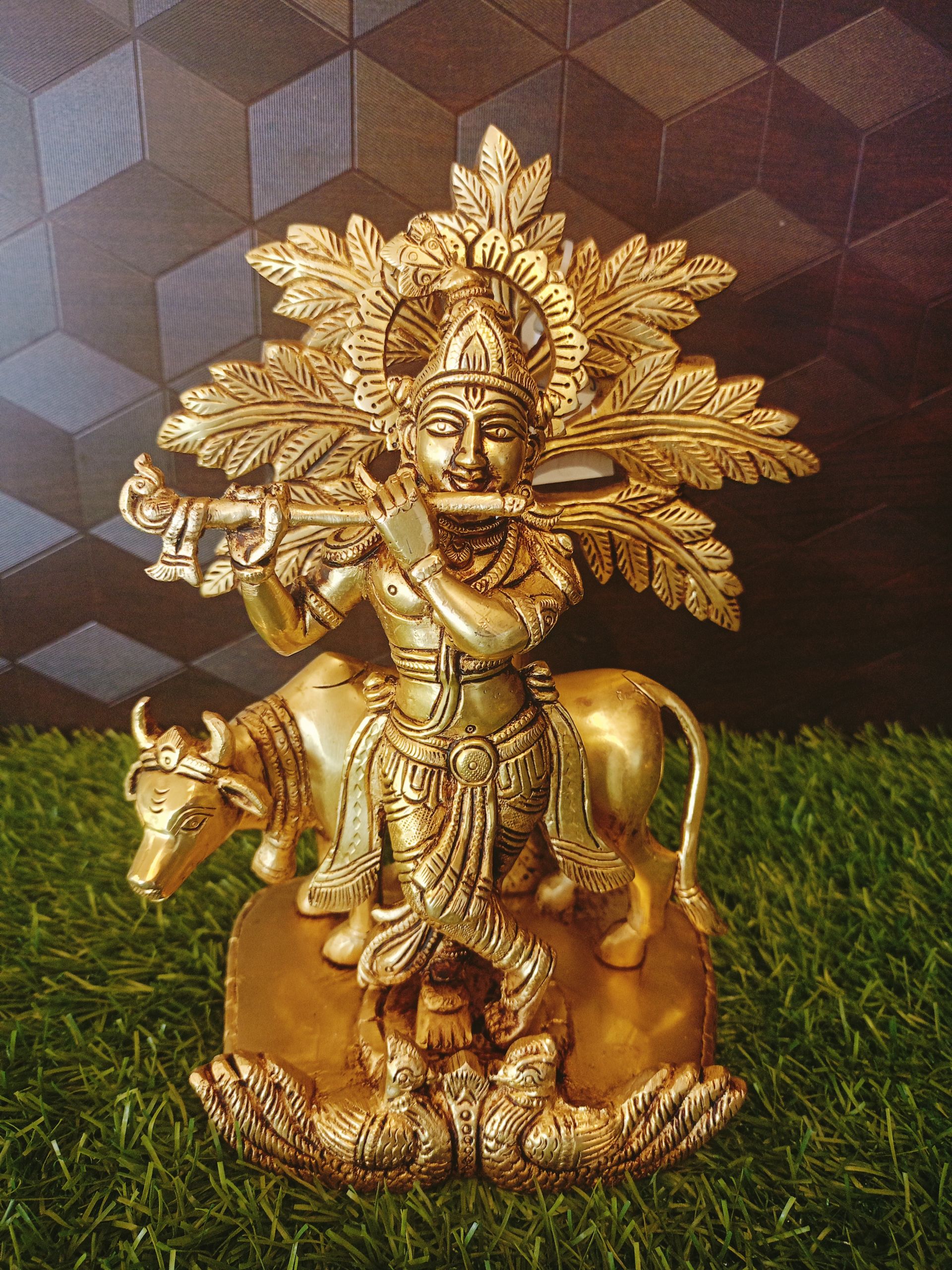 Brass Cow Krishana With Tree Idol , Pure & Antique 9″