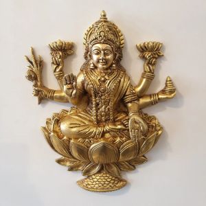 Brass Lakshmi Wall Hanging With Lotus Base , Pure & Antique 12″