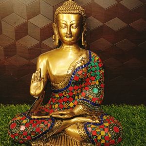 Brass Stone Buddha Statue , Pure & Antique 12″